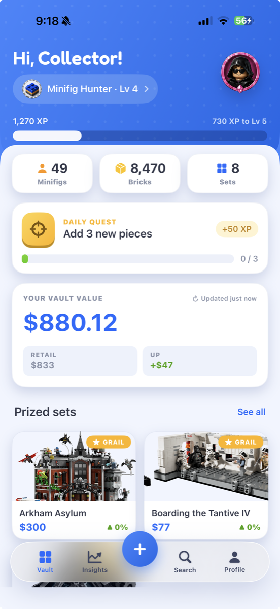 Stud Vault app home screen