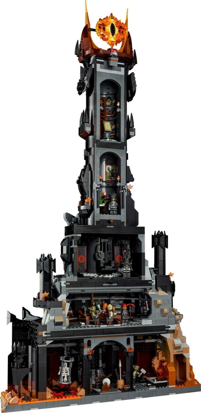 The full built LEGO Barad-dûr 10333 tower with the flaming Eye of Sauron on top and every interior level open to view