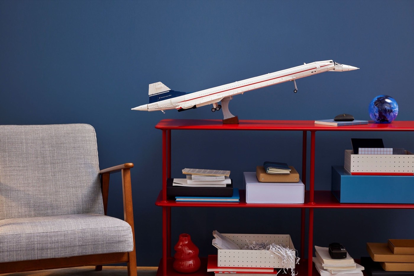 Built LEGO Concorde on its display stand with the droop nose lowered