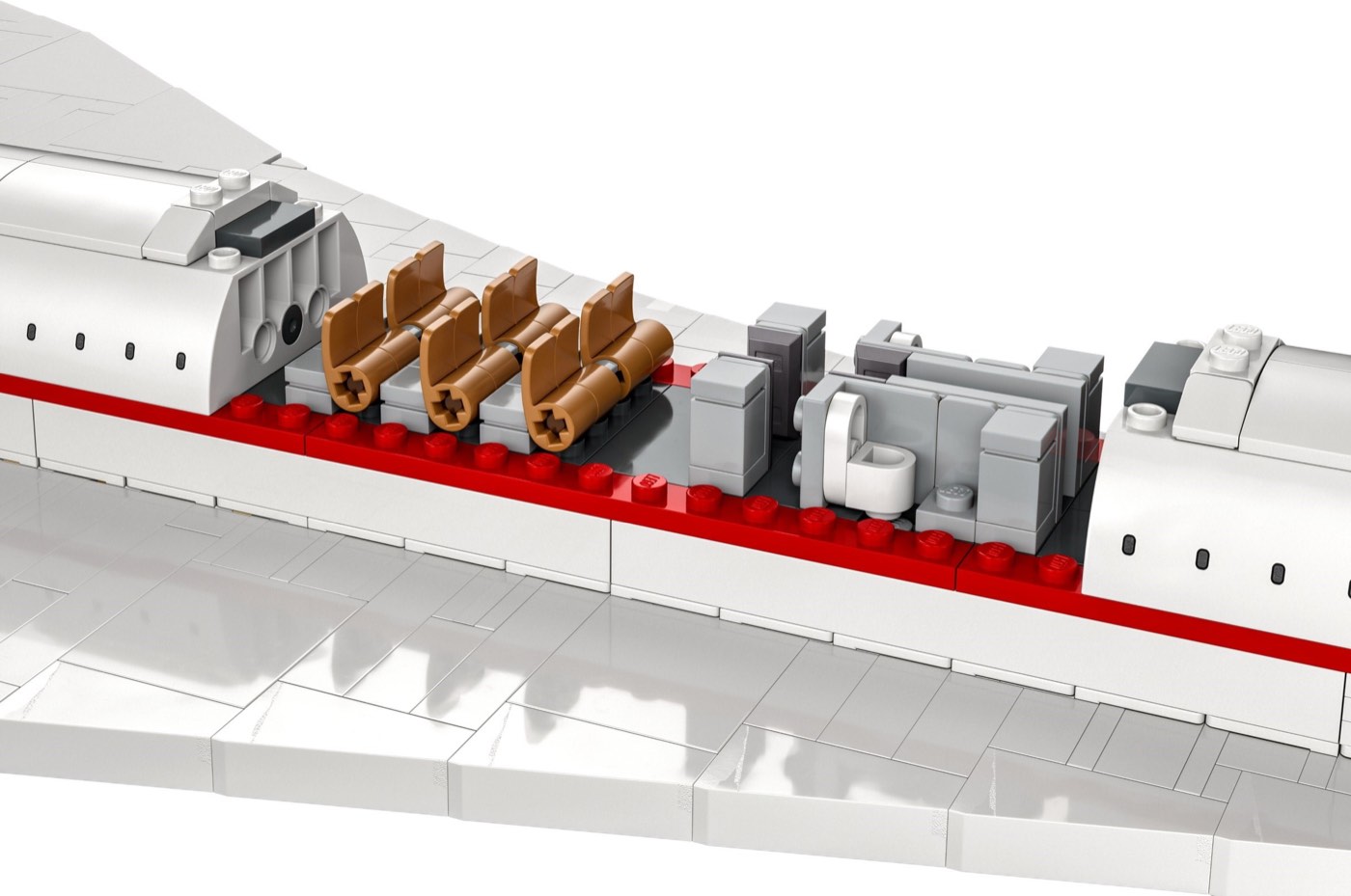 LEGO Concorde cutaway showing passenger cabin seats and lavatories