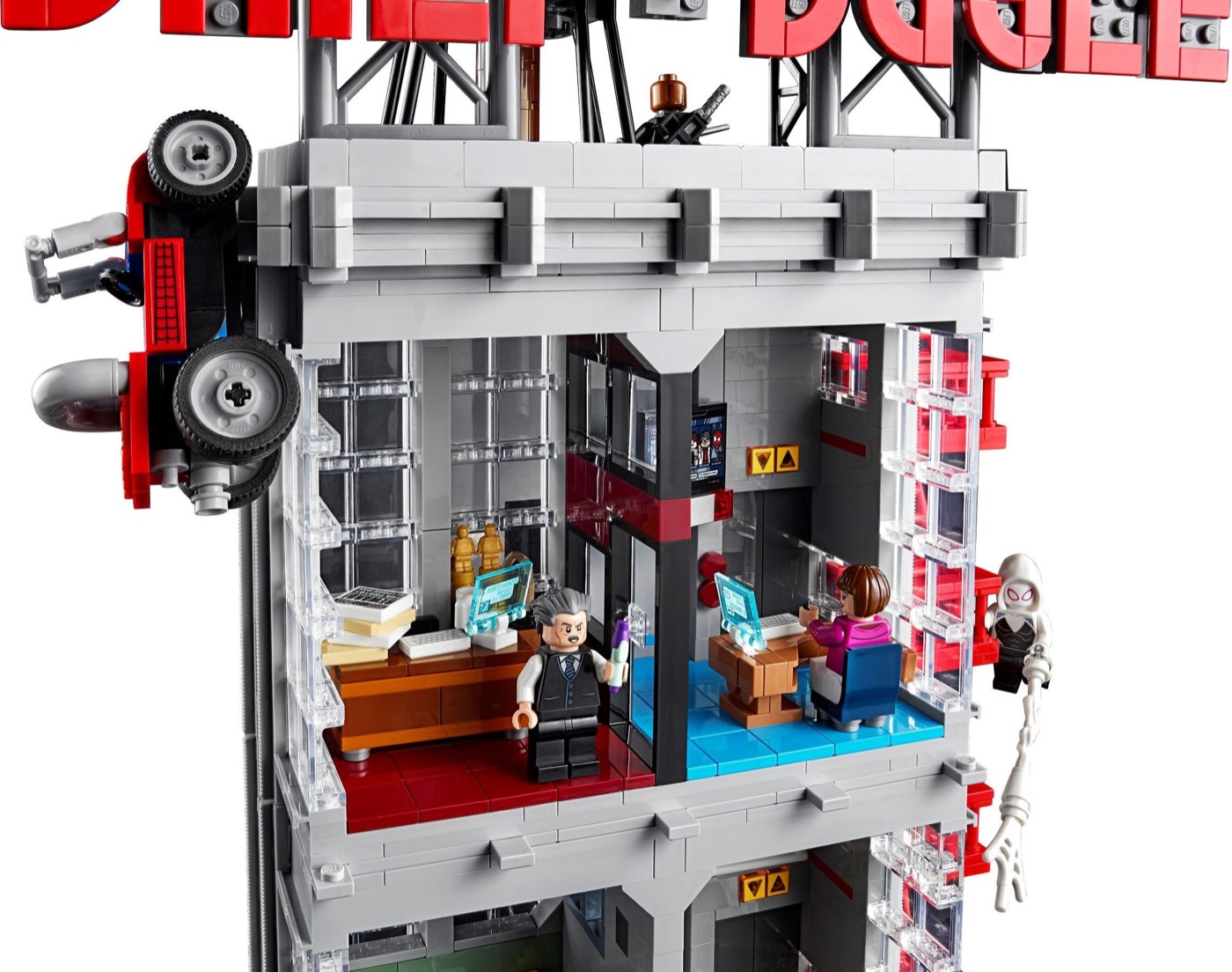 Cutaway of the LEGO Daily Bugle 76178 showing J. Jonah Jameson at his desk with the red fire escape and a taxi crashed into the facade