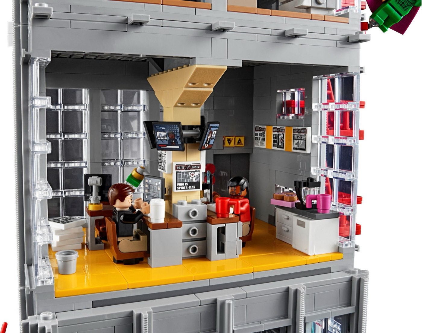 Interior floor of the LEGO Daily Bugle 76178 with two office workers, printed newspaper front pages and a coffee machine