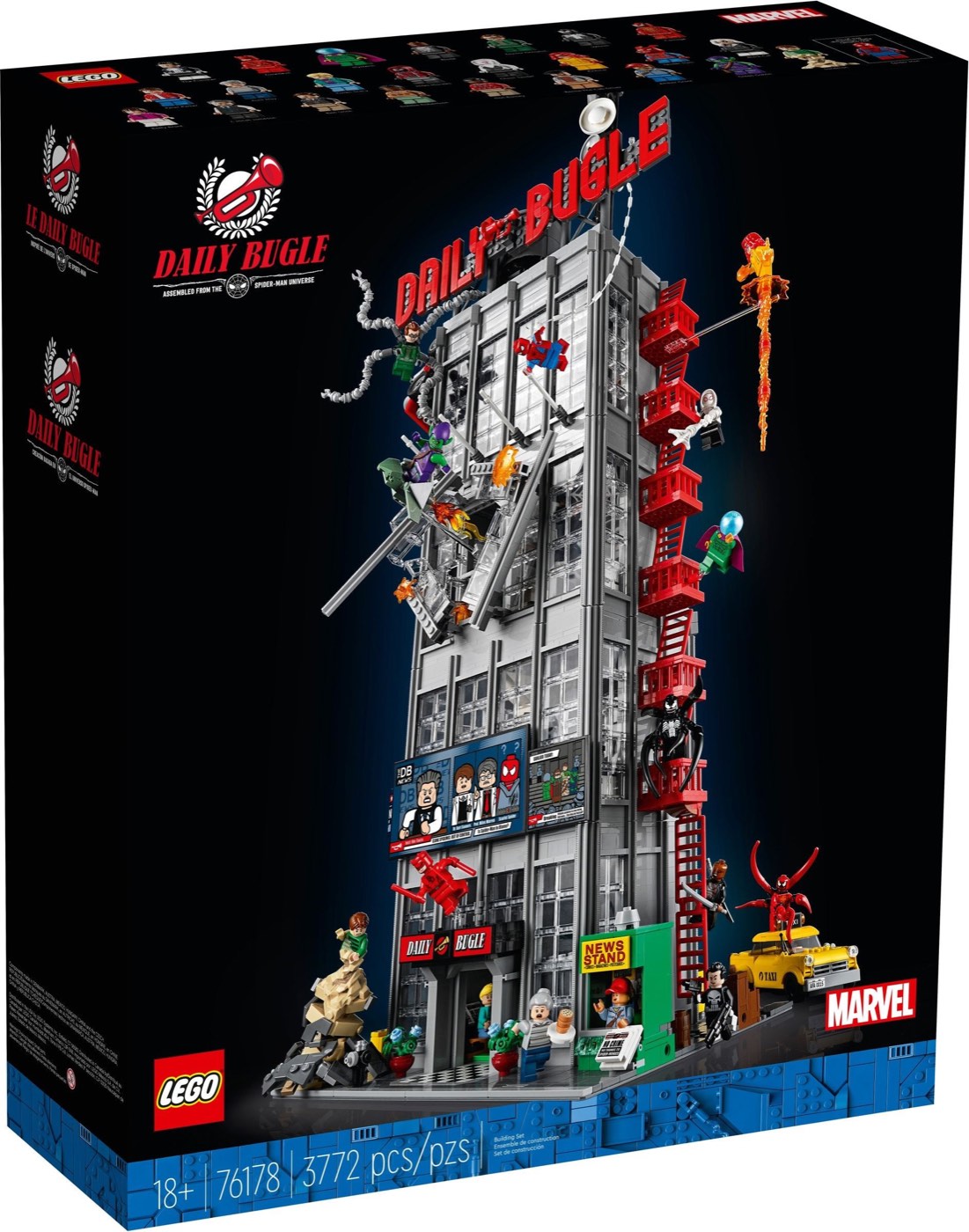 LEGO Daily Bugle 76178 retail box art showing the full tower, the 3772 piece count and the villain line-up
