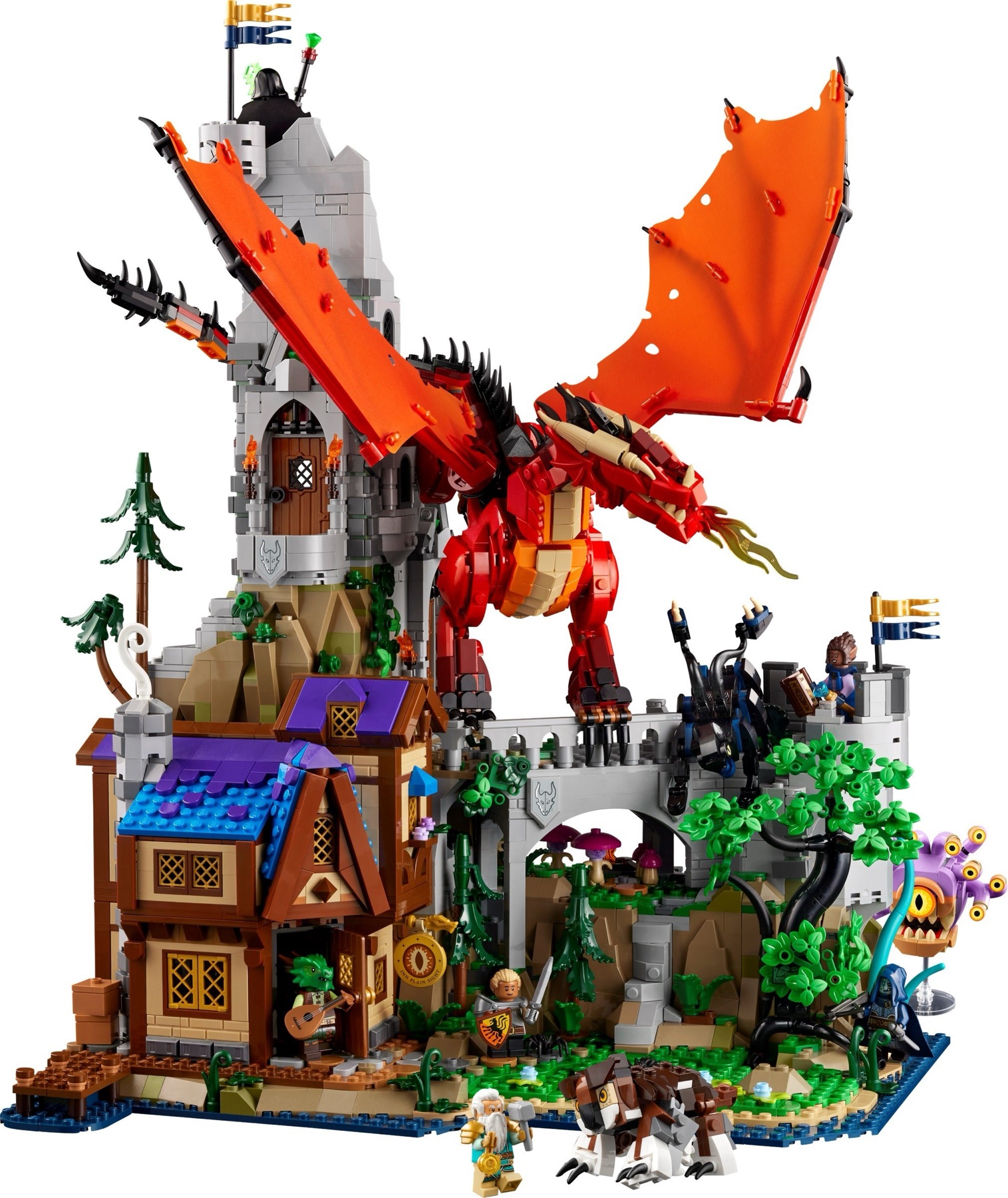 Complete LEGO Dungeons and Dragons 21348 model with Cinderhowl above the tower, the tavern, bridge and monster figures