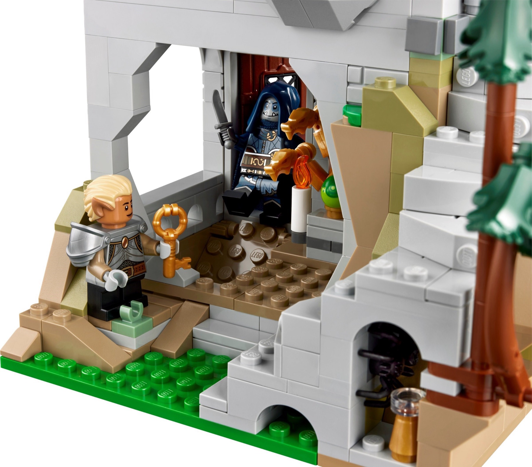 LEGO Dungeons and Dragons 21348 adventurers confronting a skeleton beside the castle tower entrance