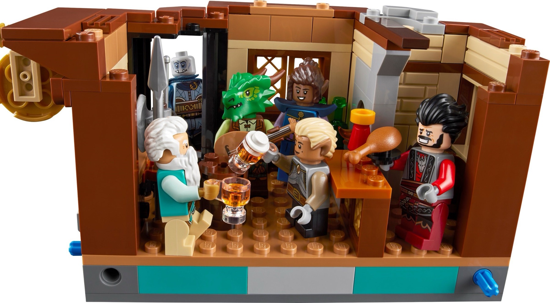 Interior of the LEGO Dungeons and Dragons 21348 tavern with adventurers seated around a table