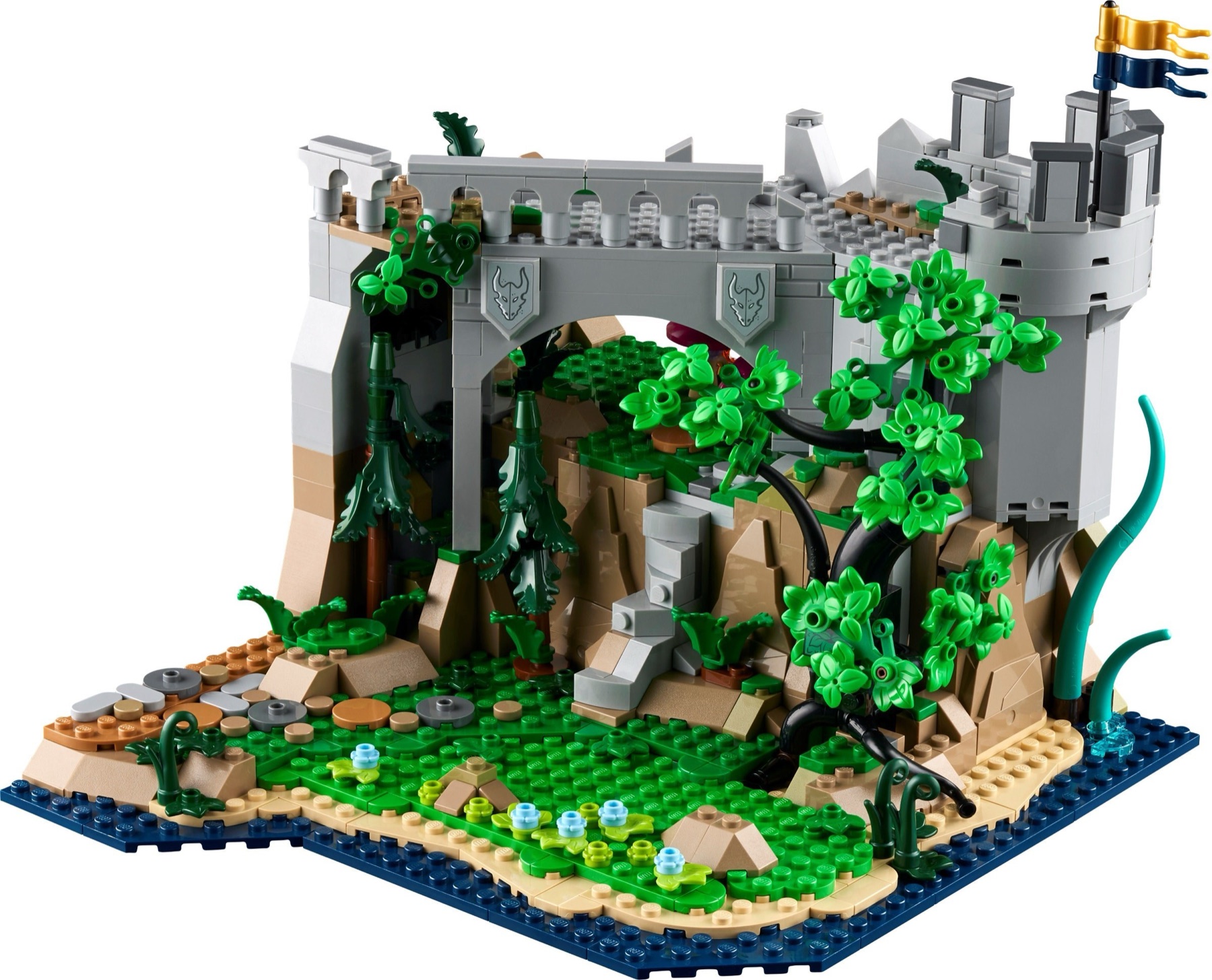 Stone bridge and forest terrain module from LEGO Dungeons and Dragons 21348 with vines, water and a ruined tower