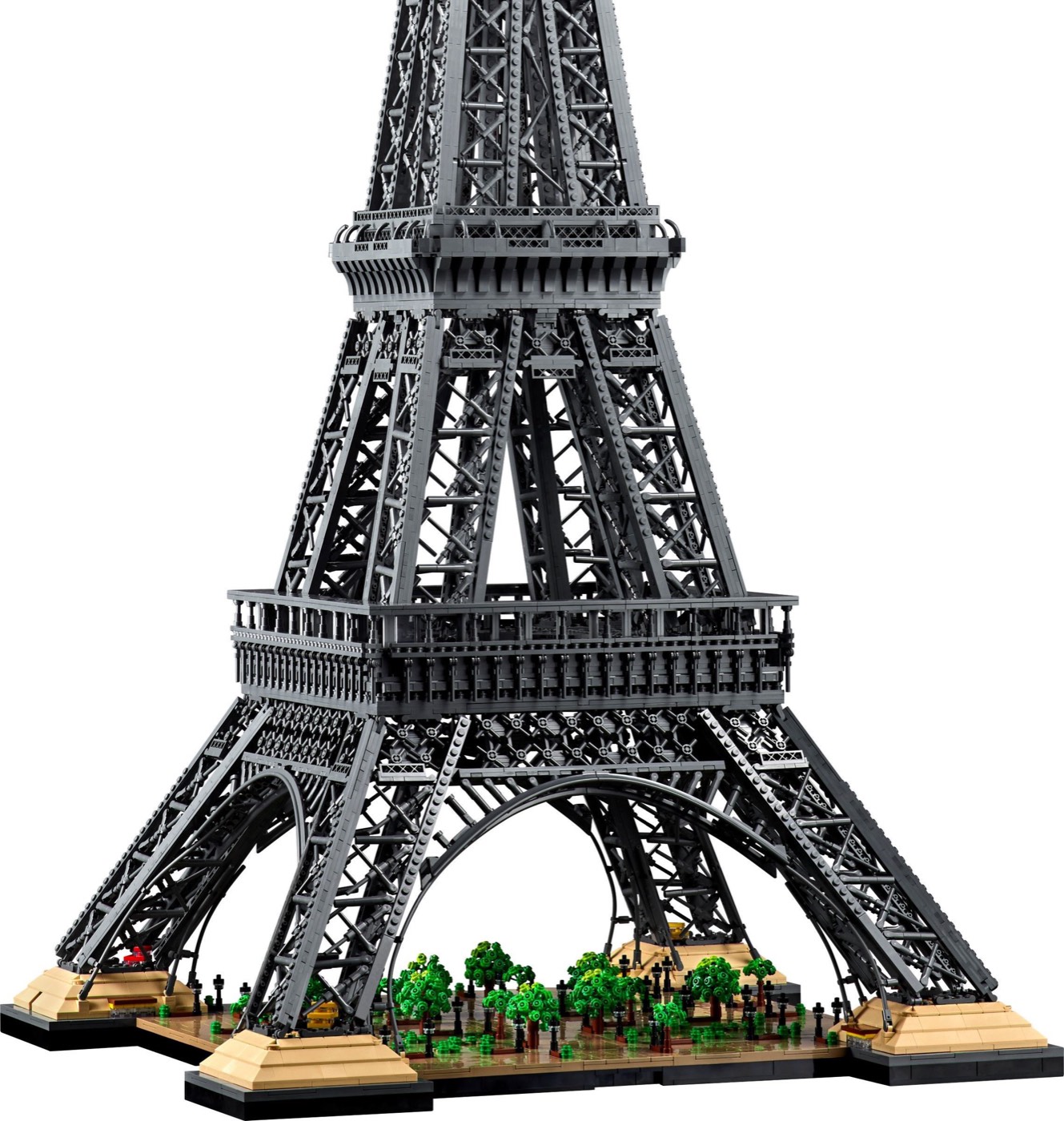 The built LEGO Icons Eiffel Tower 10307 model on a white background