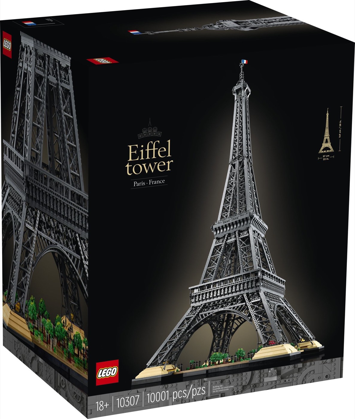 LEGO Eiffel Tower 10307 box art showing the built tower