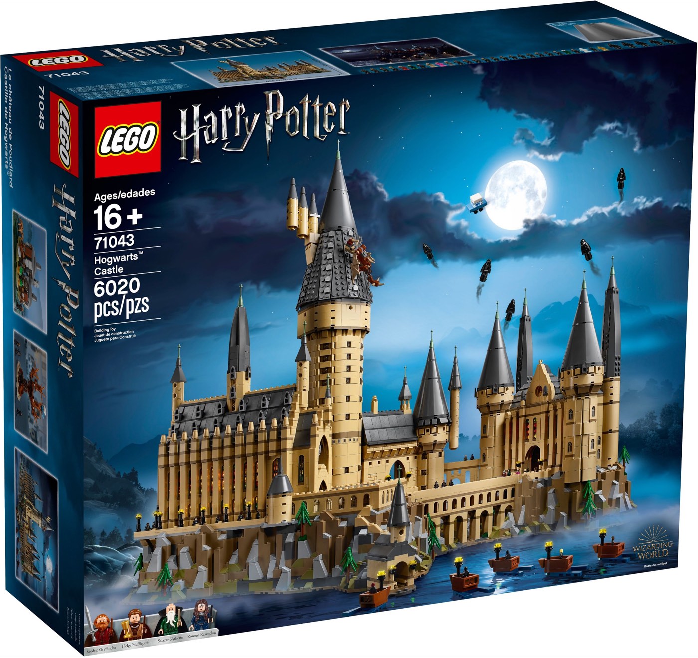 LEGO Hogwarts Castle 71043 box art showing the castle against a night sky with the 6020 piece count and the four founder minifigures