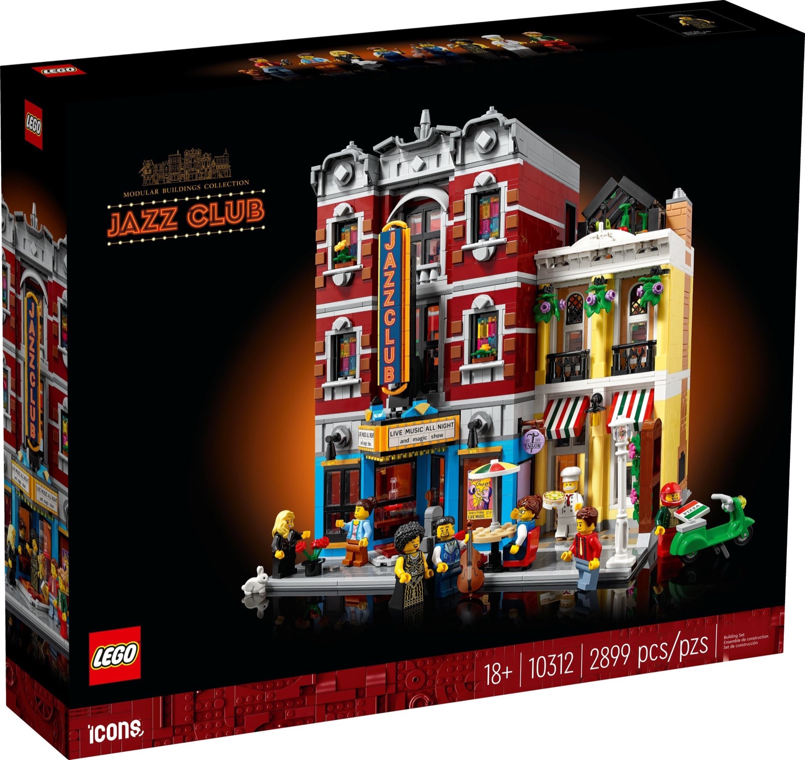 Box for LEGO Icons Jazz Club 10312 showing the red club and yellow pizzeria
