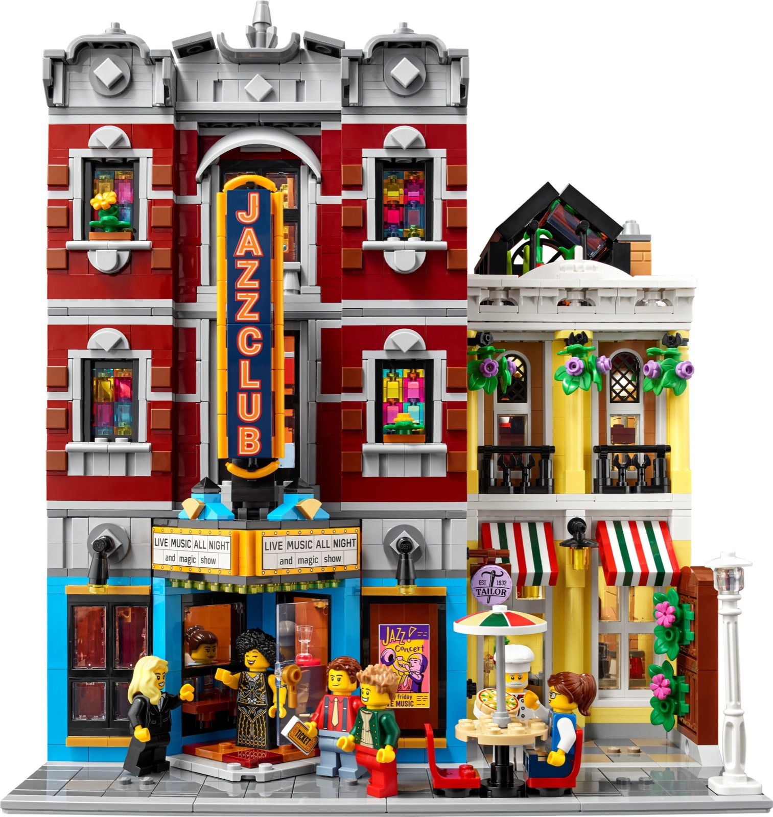 Front of the completed LEGO Jazz Club with the pizzeria and minifigures