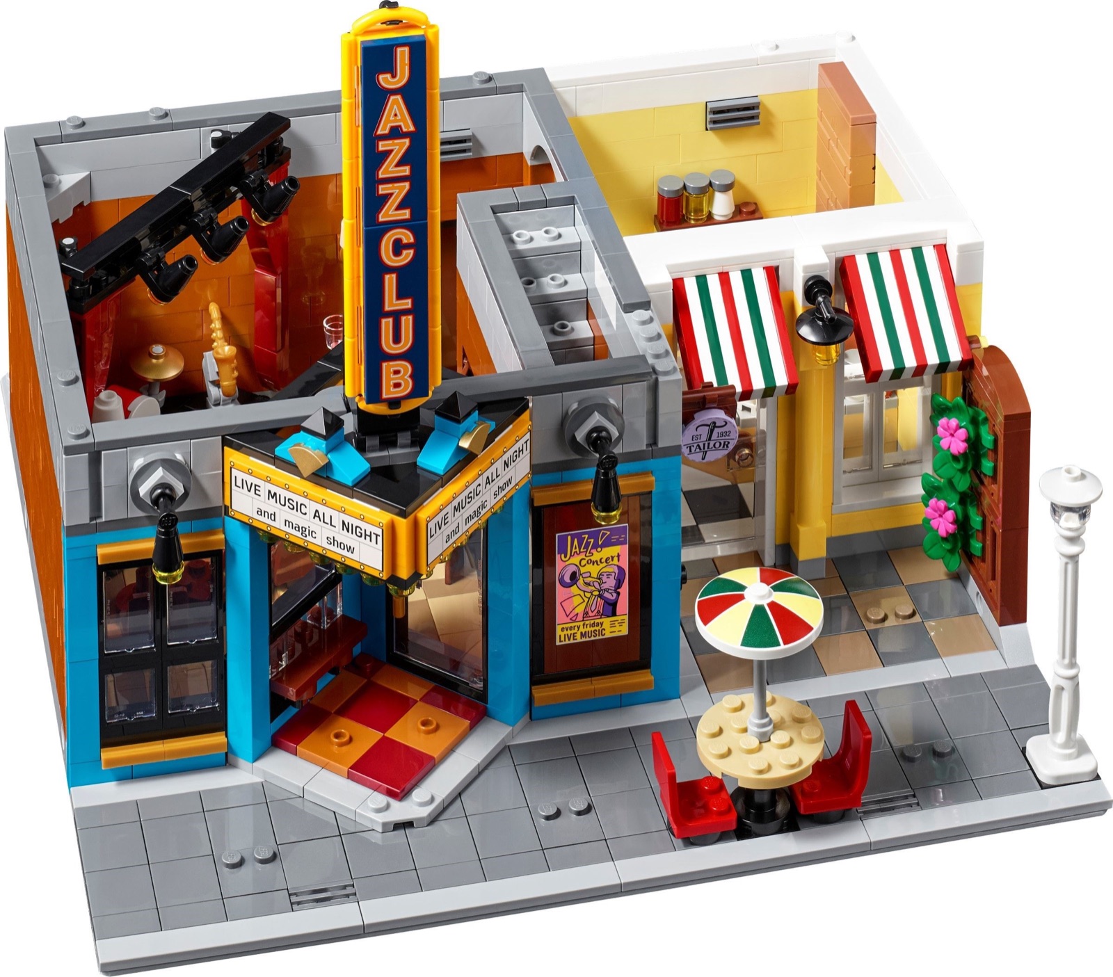 Ground floor of LEGO Jazz Club showing the stage entrance and pizzeria seating