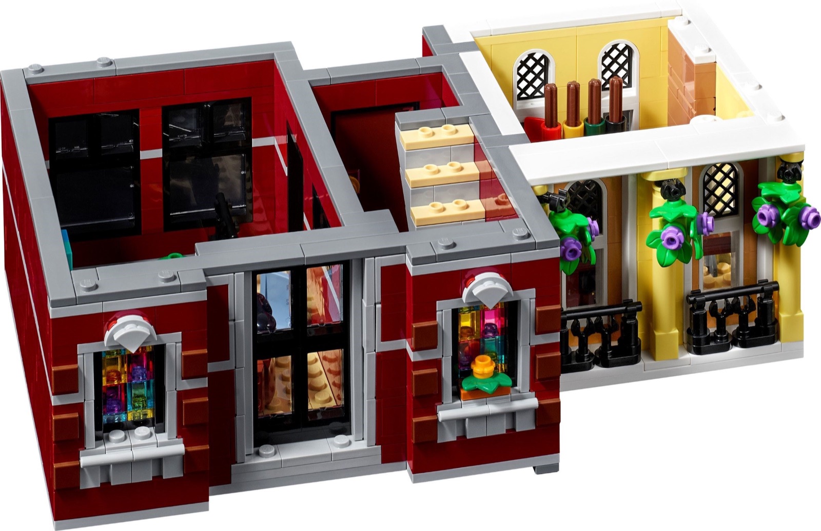 Upper floor of LEGO Jazz Club showing stained-glass windows and tailor workshop