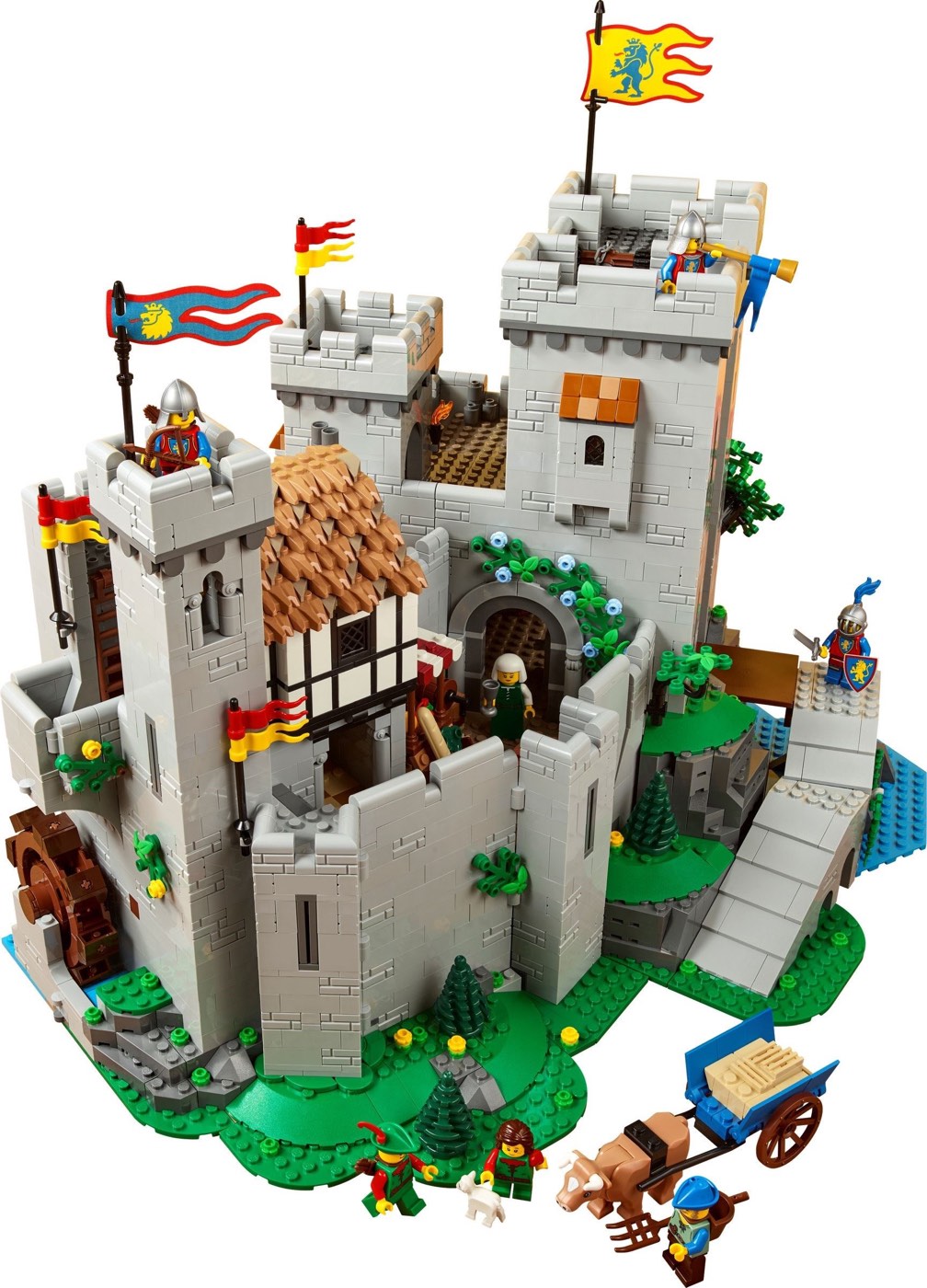 LEGO Lion Knights' Castle 10305 seen from above with the gatehouse, water wheel, ramp and ox cart, plus the lion banners on the towers