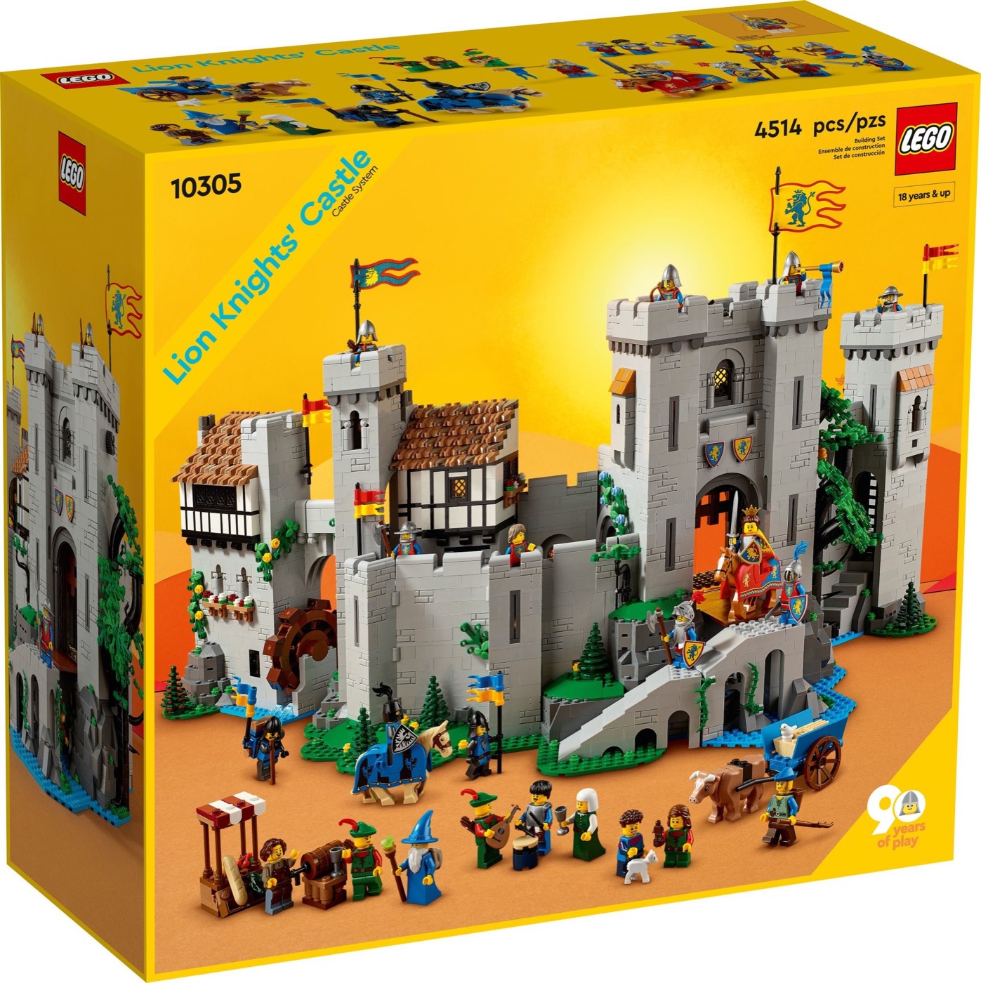LEGO Lion Knights' Castle 10305 retail box art in the 1980s Castle style with the 4514 piece count and the 90 years of play logo