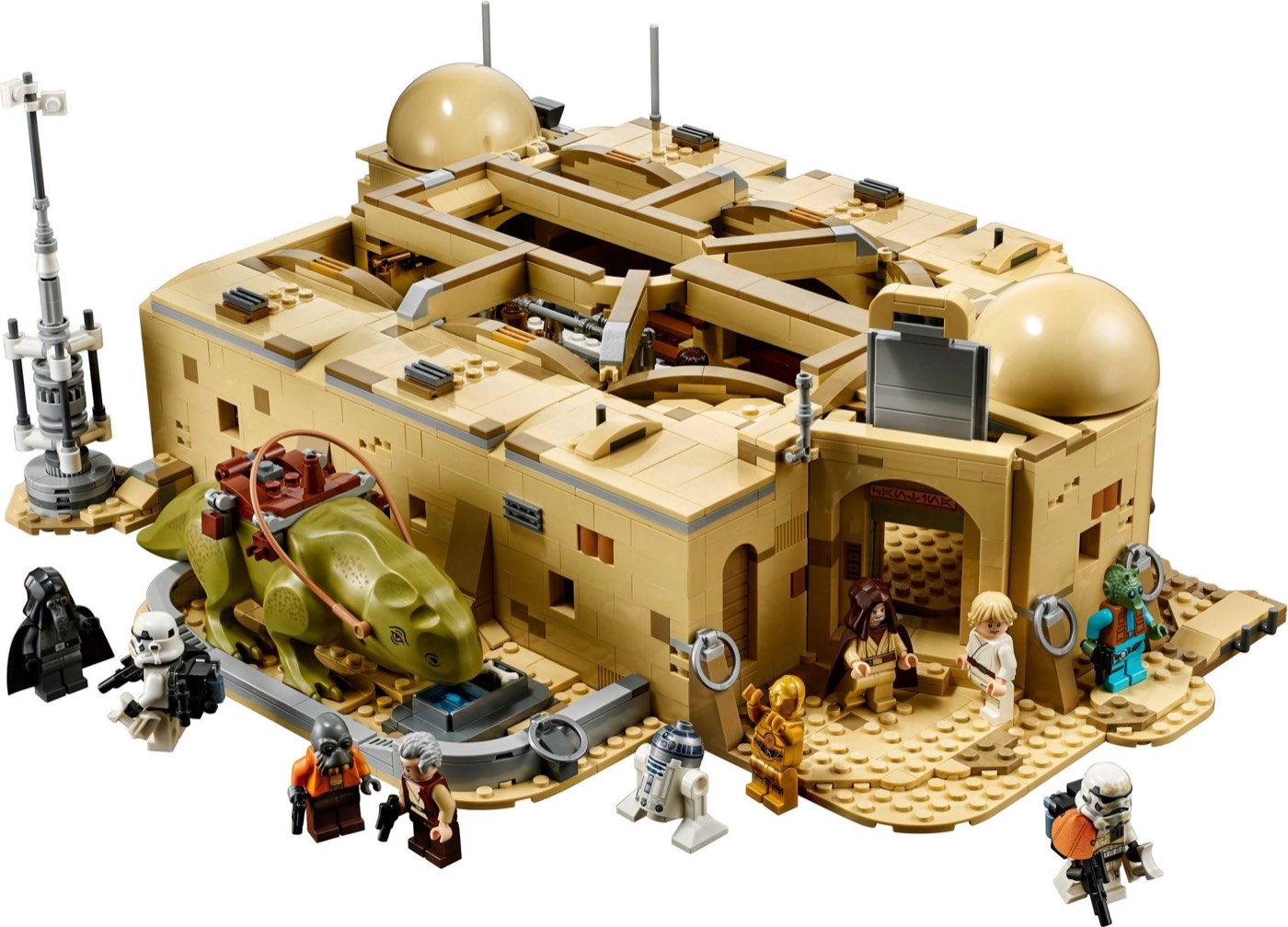 Han Solo and Greedo minifigures seated opposite each other in a booth inside the LEGO Mos Eisley Cantina 75290
