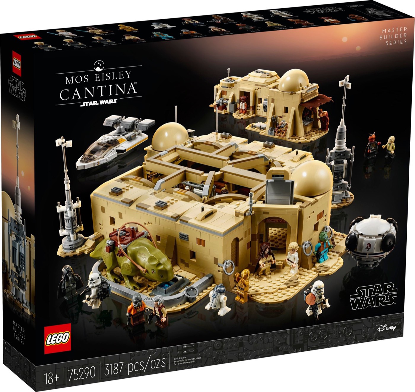 LEGO Mos Eisley Cantina 75290 retail box art showing the assembled cantina, the 3187 piece count and the Master Builder Series label