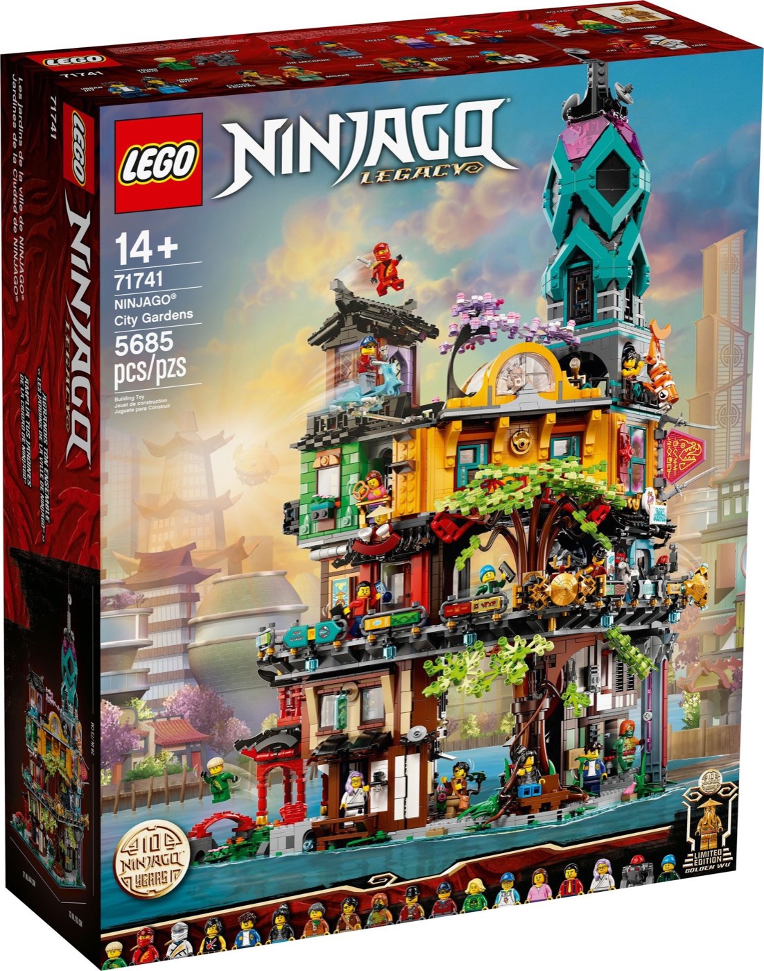 LEGO Ninjago City Gardens 71741 retail box art showing the full tower and the 5685 piece count, with the minifigure line-up along the bottom