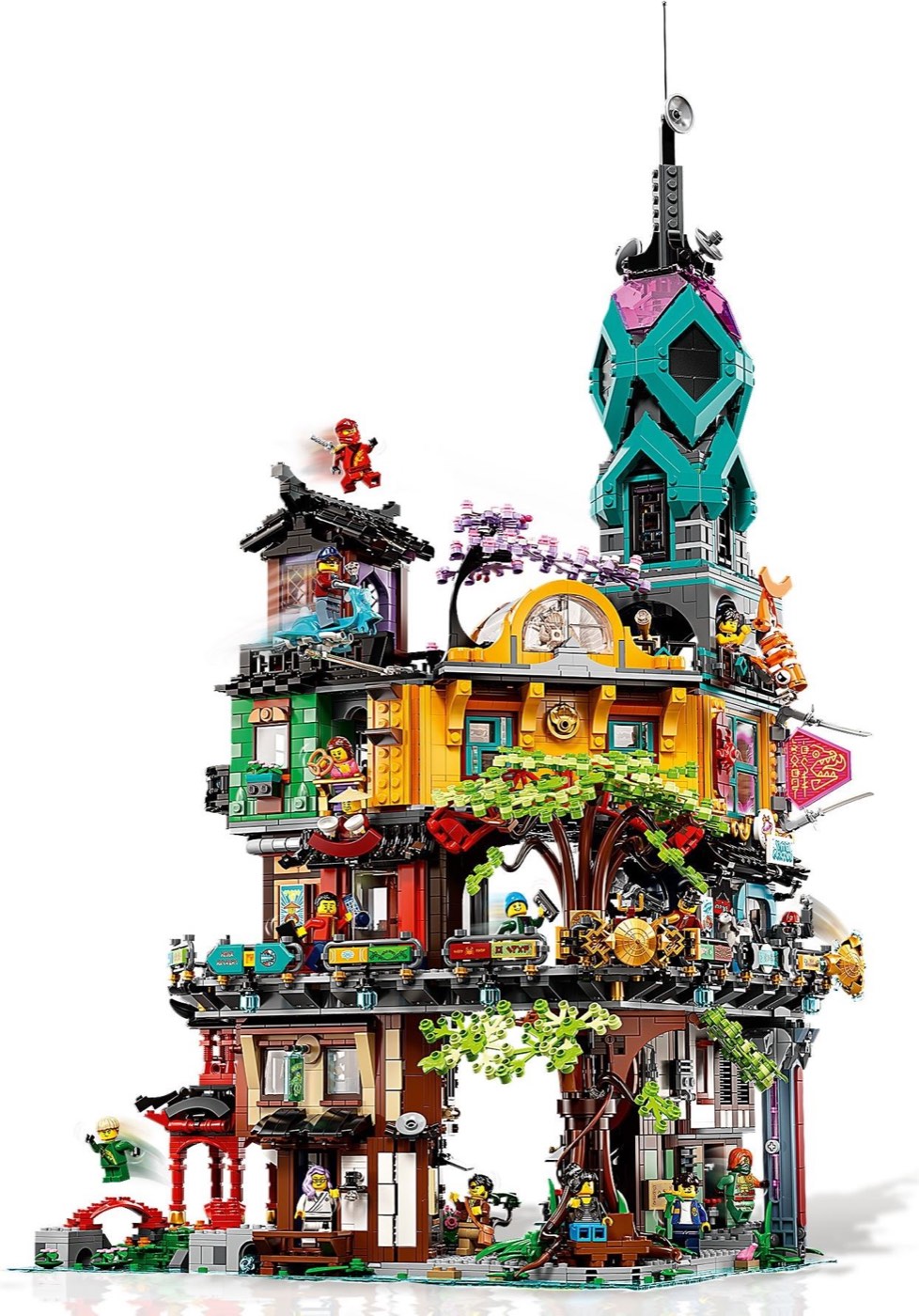 Built LEGO Ninjago City Gardens 71741 with its teal spire, the central tree spreading through the middle levels and ninja figures in mid-air