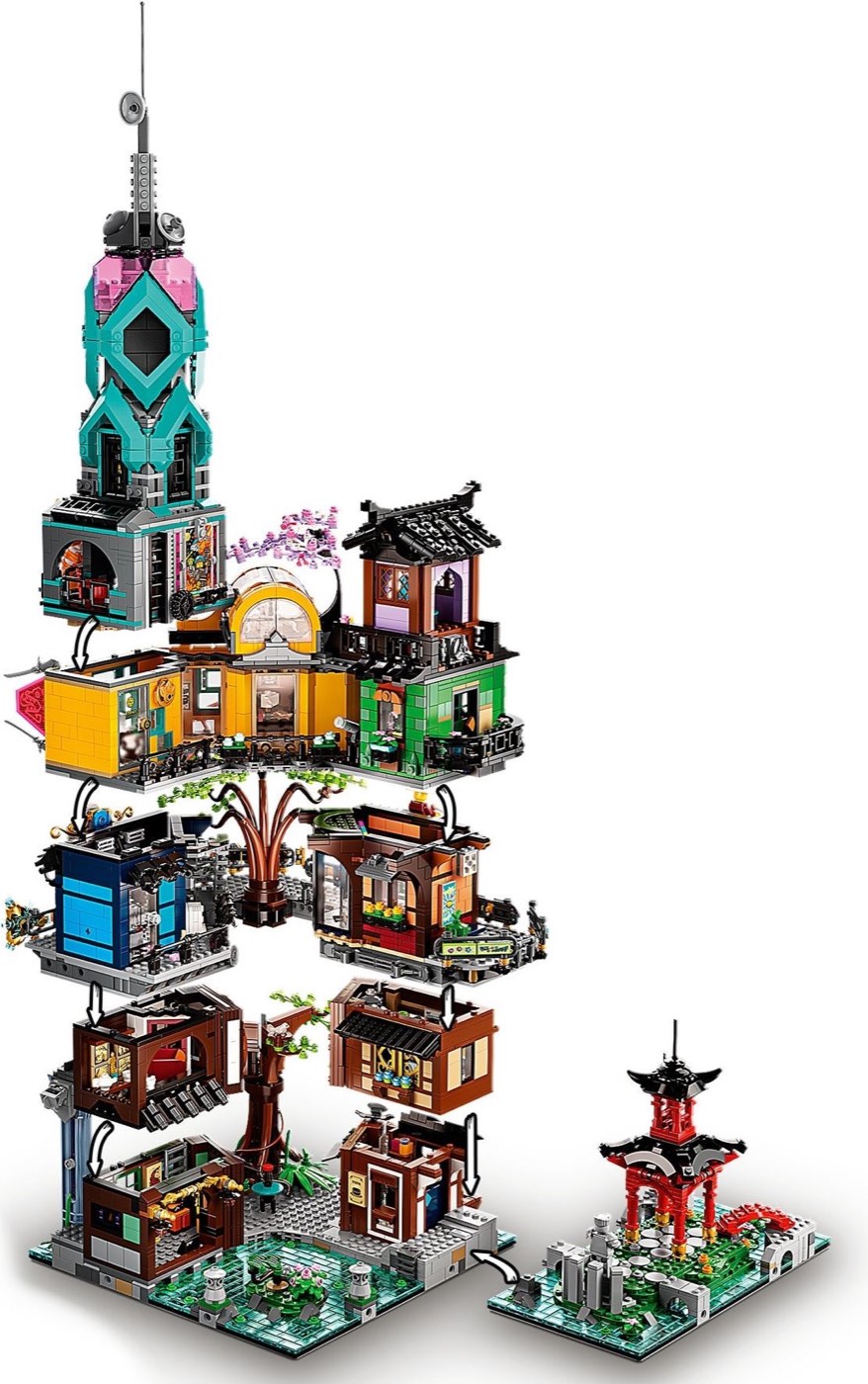 LEGO Ninjago City Gardens 71741 separated into its stacked levels, showing the interiors of each floor and the temple on its own baseplate