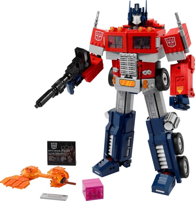 Built LEGO Optimus Prime model in robot mode with its accessories