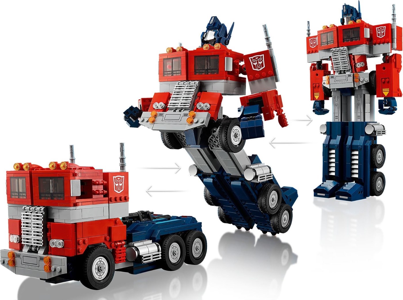 LEGO Optimus Prime part-way through transforming between robot and truck