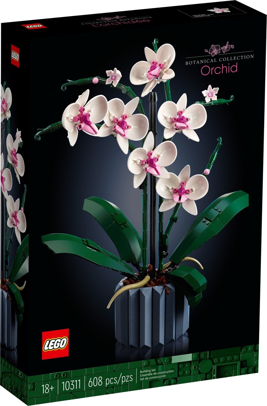 LEGO Orchid 10311 retail box art showing the finished plant in its sand blue vase against a black background with the 608 piece count