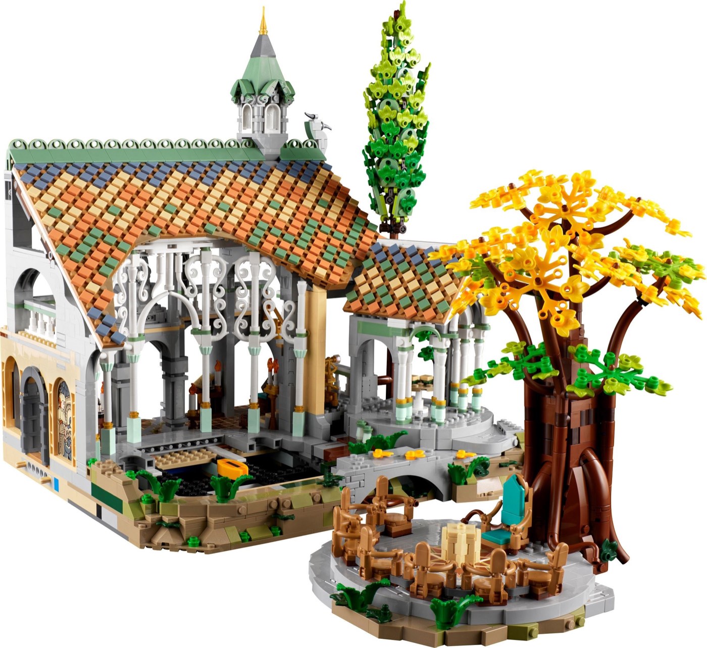 Built LEGO Rivendell 10316 with the main hall and the council ring section separated for display
