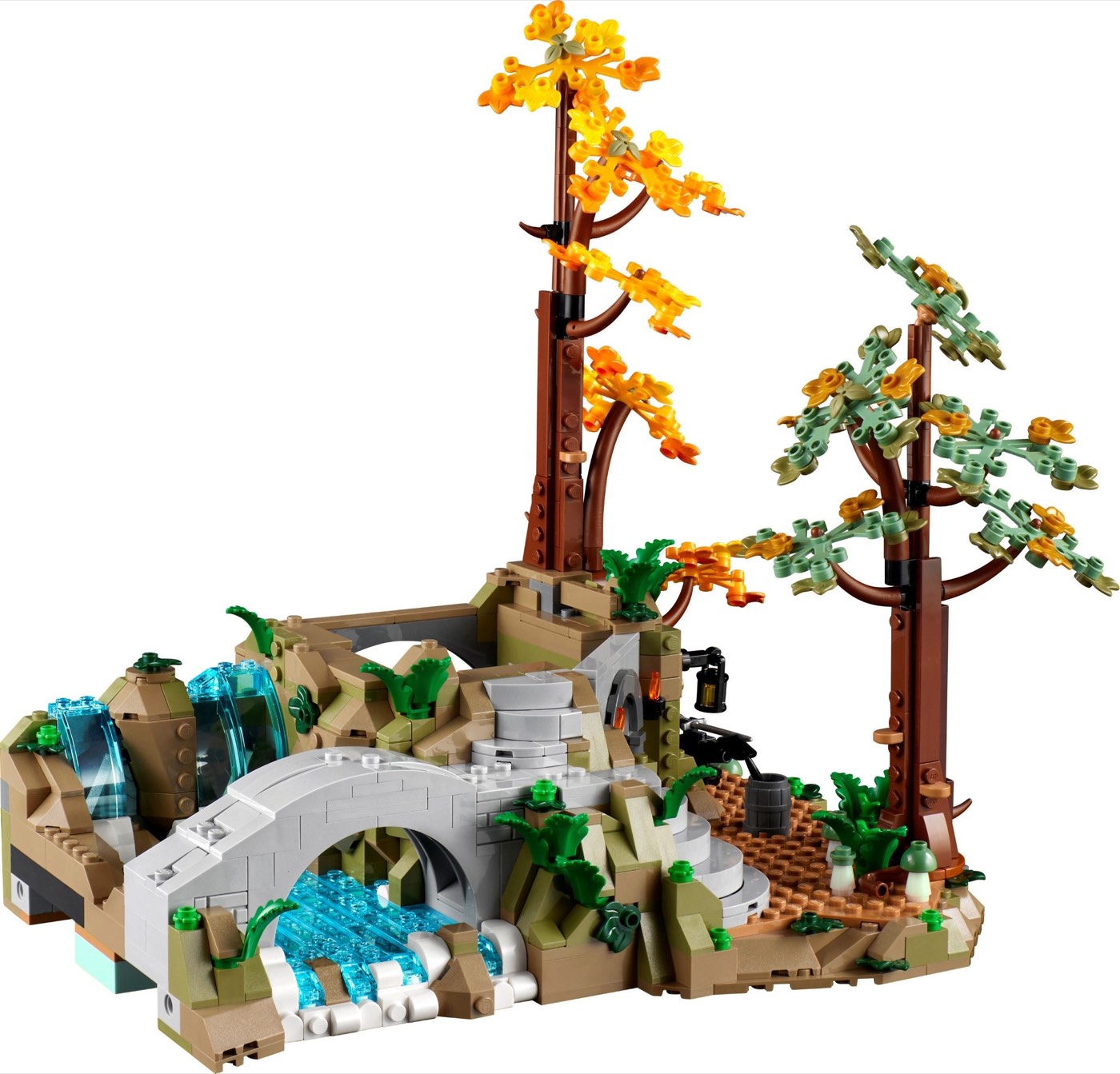 The LEGO Rivendell bridge and waterfall section built as a standalone display piece