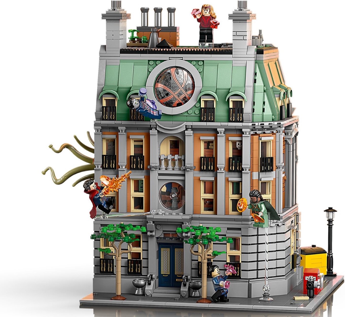 Built LEGO Sanctum Sanctorum 76218 showing the grey and tan facade, the green mansard roof and the printed circular window with Doctor Strange outside