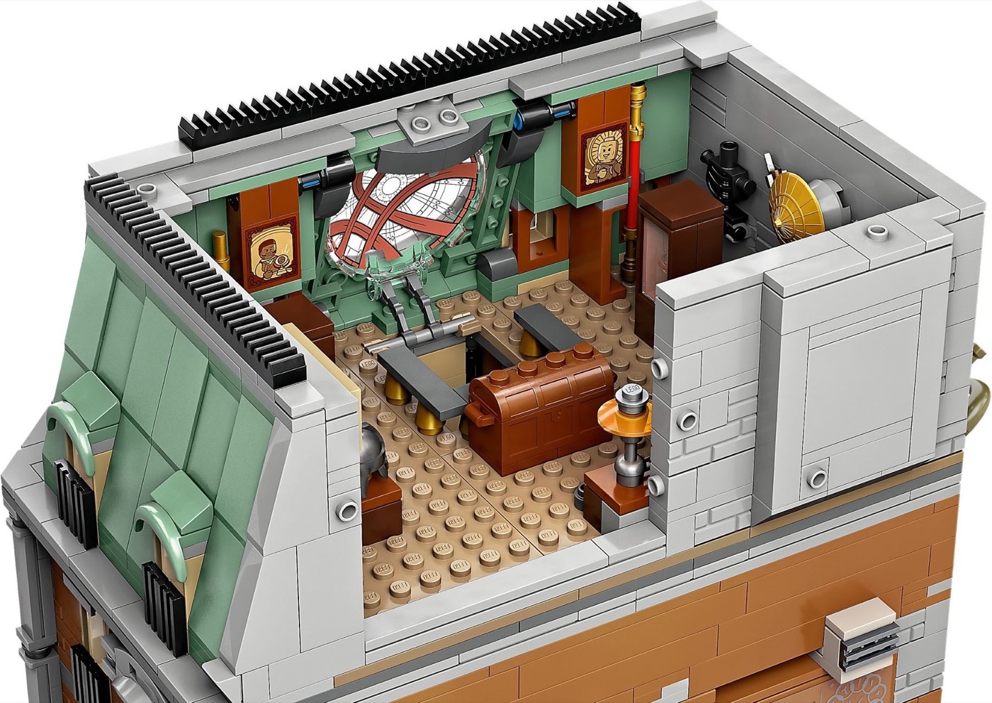 Top floor of the LEGO Sanctum Sanctorum 76218 with the printed circular window seen from inside, plus the Cloak of Levitation stand and chest