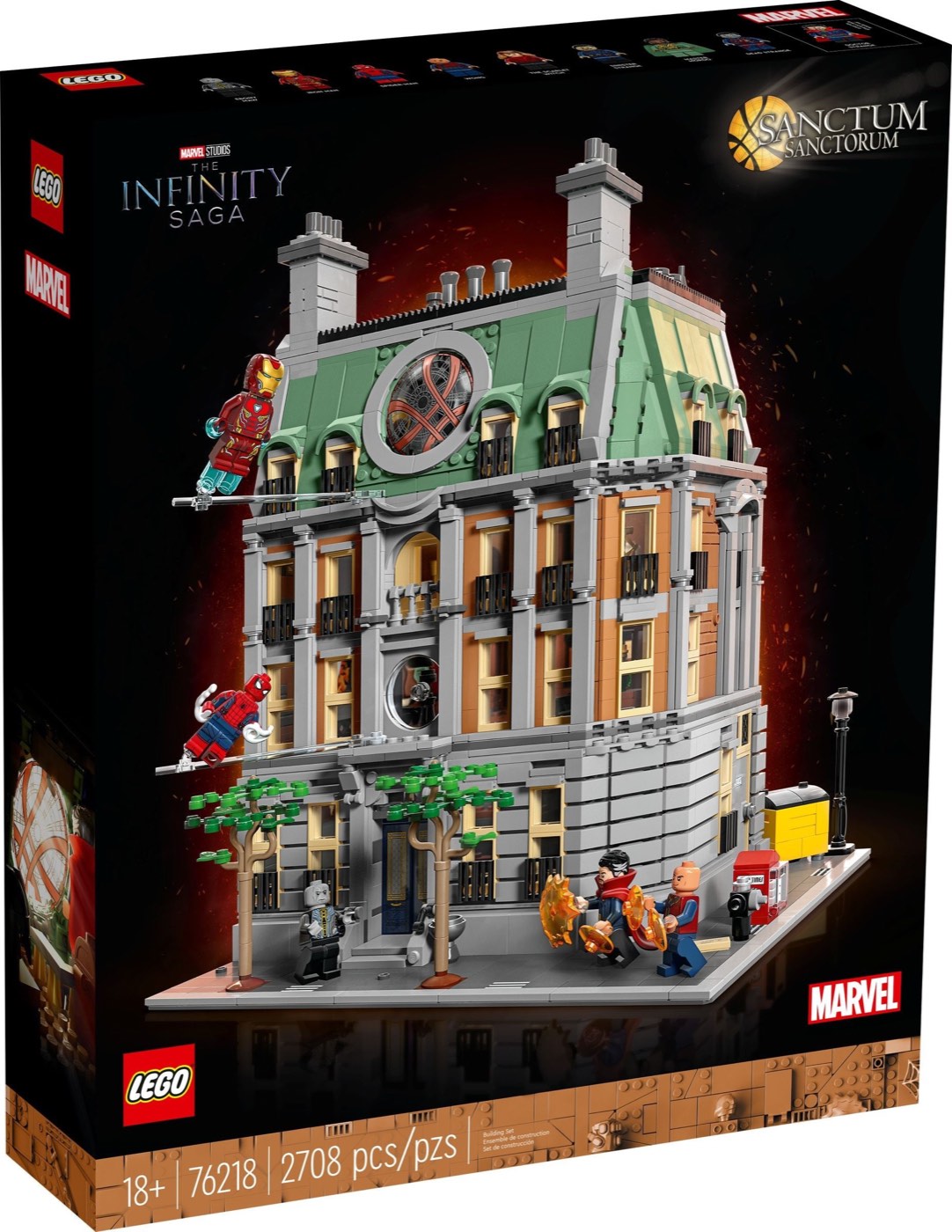 LEGO Sanctum Sanctorum 76218 retail box art with the Infinity Saga logo and the 2708 piece count along the bottom edge
