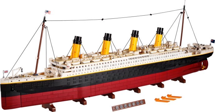 The built LEGO Titanic 10294 model shown in full side profile