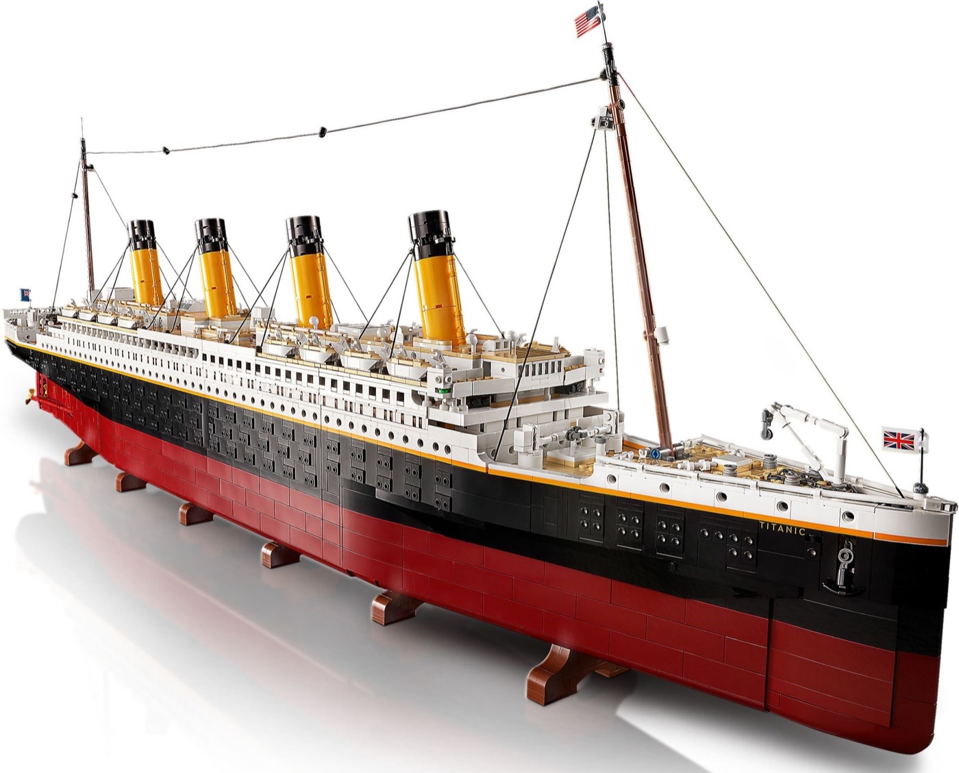 The built LEGO Titanic 10294 model on its display supports