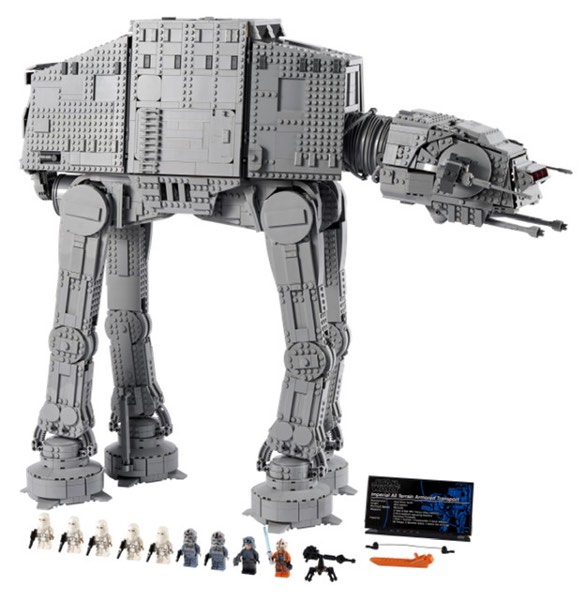 The built LEGO UCS AT-AT 75313 with its nine minifigures and accessories