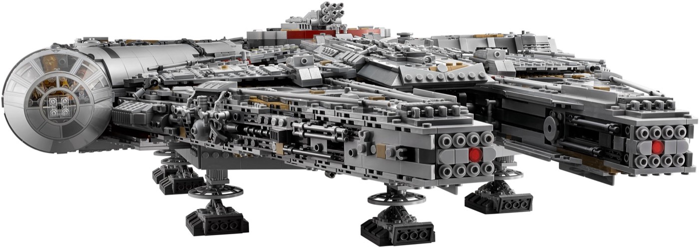 LEGO UCS Millennium Falcon showing the detailed hull and forward mandibles