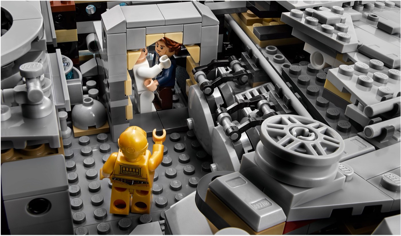 Interior of the LEGO UCS Millennium Falcon with Han, Leia and C-3PO minifigures