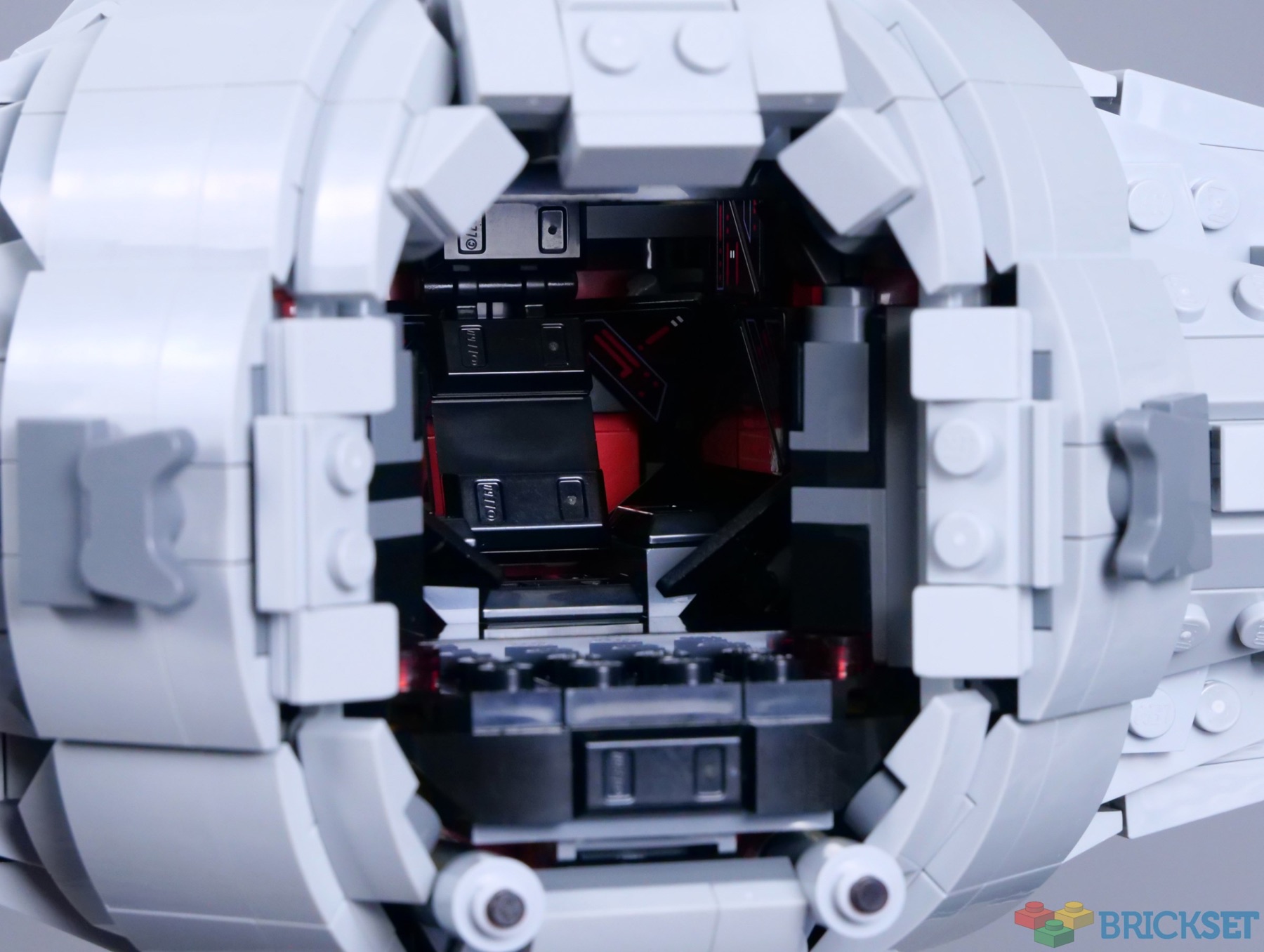 Detailed cockpit interior inside LEGO UCS TIE Interceptor 75382