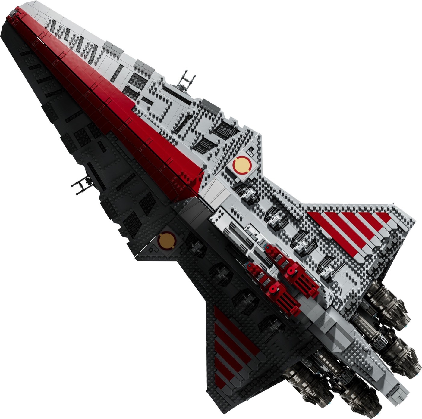 Built LEGO UCS Venator 75367 seen from the bow, showing the red command stripe and layered grey hull plating