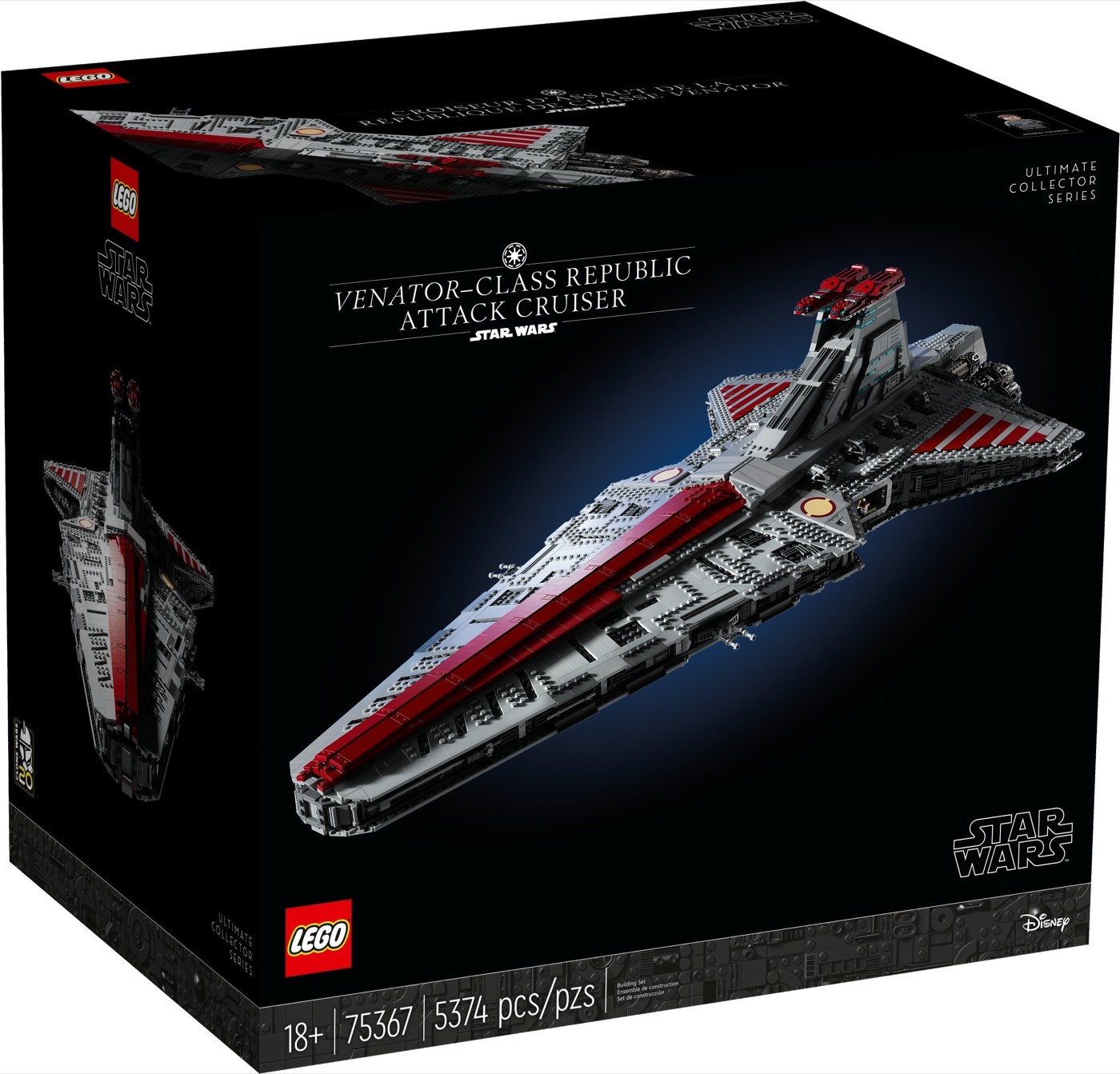 LEGO UCS Venator 75367 retail box showing the assembled cruiser and 5374 piece count