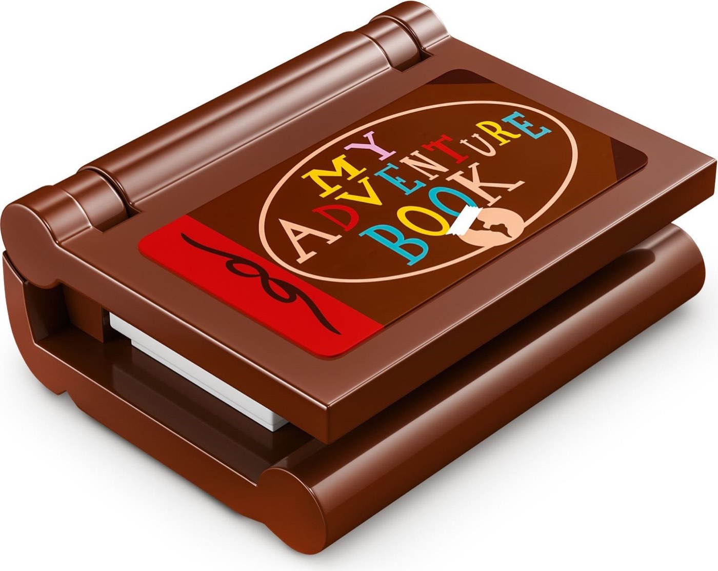 The printed My Adventure Book element included with LEGO 'Up' House 43217, shown open on its hinged brown cover