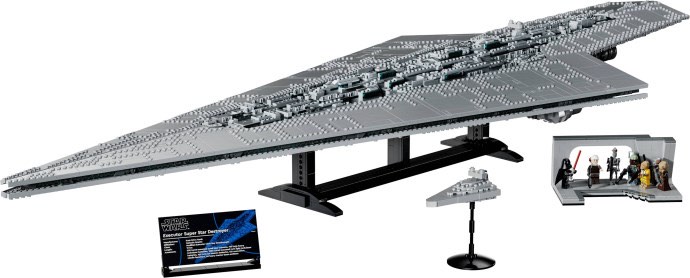 The LEGO UCS Executor Super Star Destroyer 75457 on its display stand, seen from above