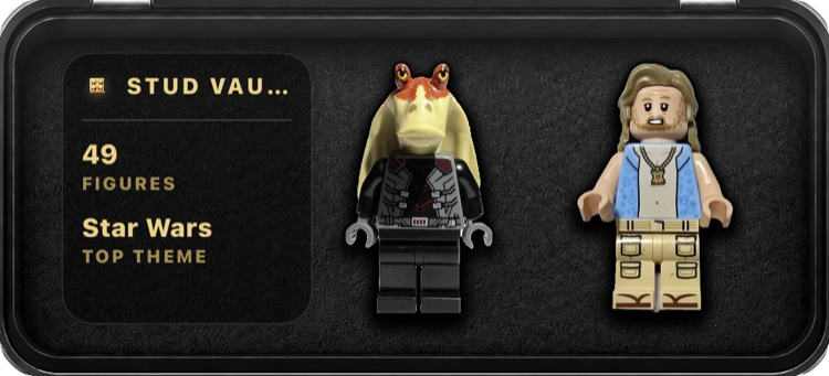 Stud Vault widget showing 49 figures, a Star Wars top theme, and two minifigures