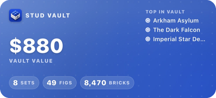 Stud Vault home screen widget showing an $880 vault value, 8 sets, 49 figures, 8,470 bricks, and top sets