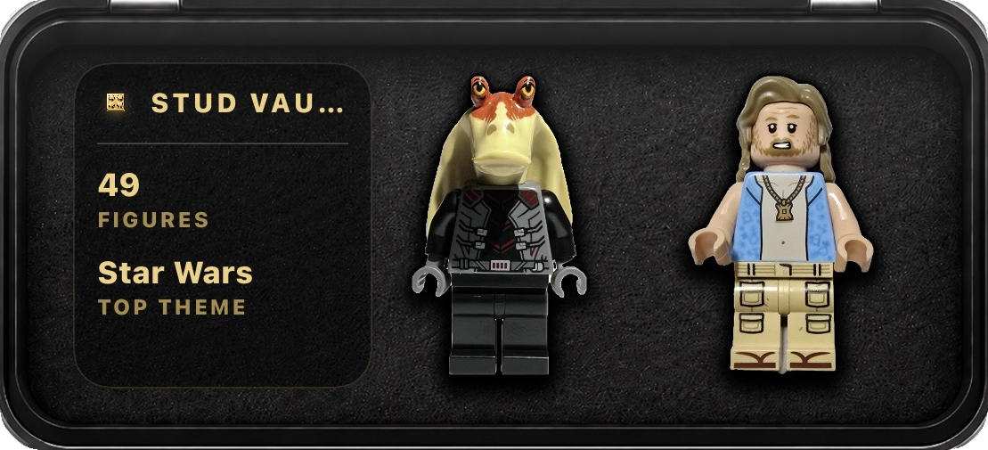 Stud Vault widget showing 49 figures, a Star Wars top theme, and two minifigures