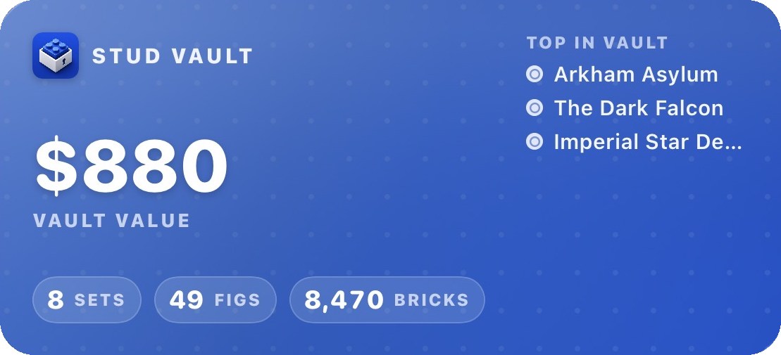 Stud Vault home screen widget showing an $880 vault value, 8 sets, 49 figures, 8,470 bricks, and top sets